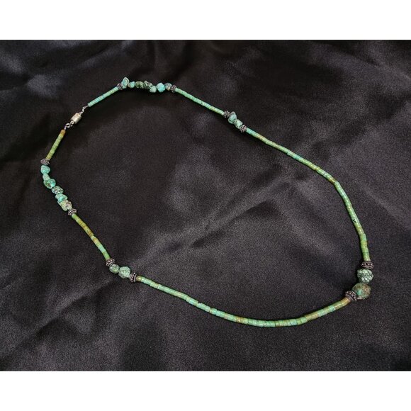 Vintage Long Turquoise Beaded Necklace With Sterling Silver Accents - Picture 2 of 6